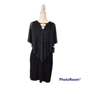 NEW Chiffon Popover Black/Blue Sparkle V-Neck Capelet 3/4 Sleeve Dress Size 4
